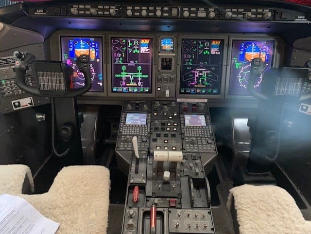 A view of the instrument panel inside the cockpit of the aircraft.