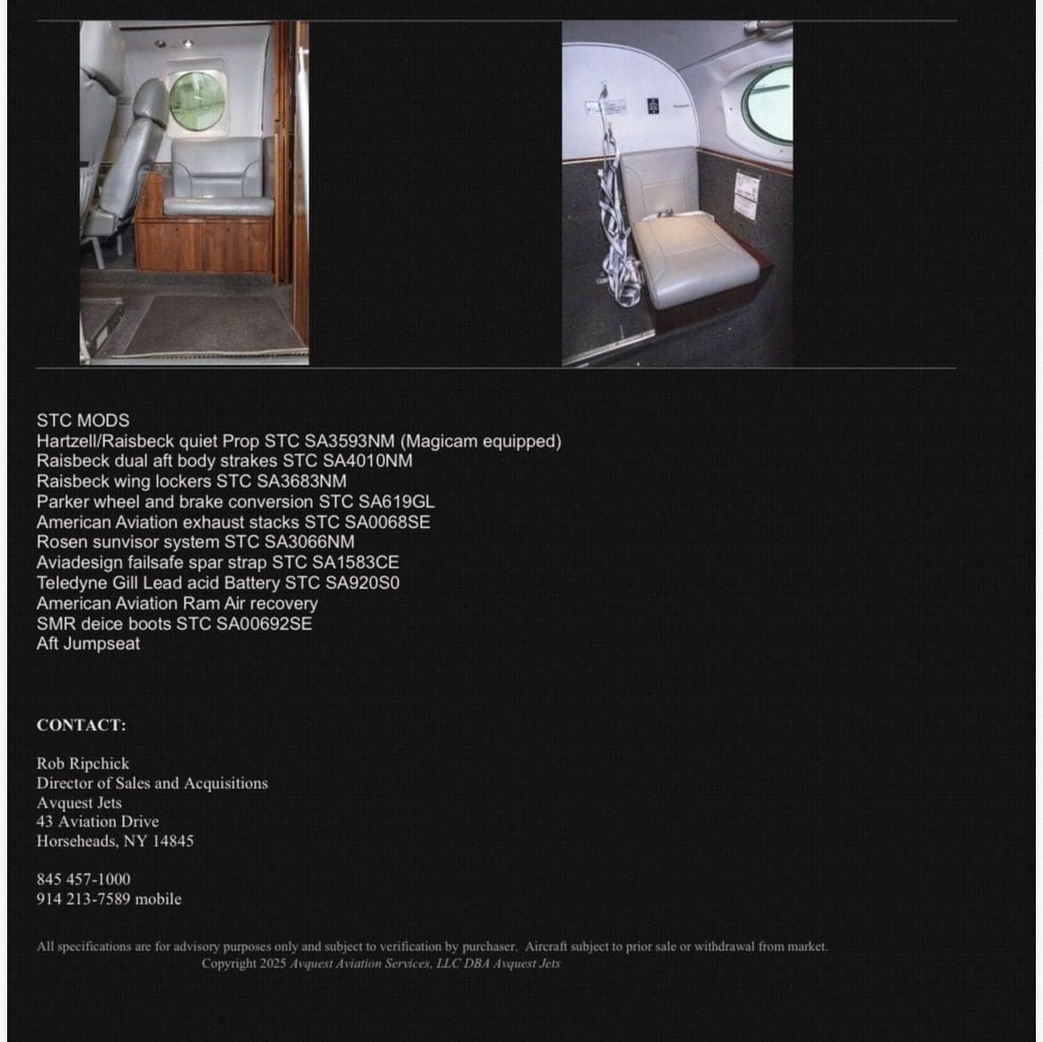 Two views of the aircraft's grey leather cabin interior, showing seating and a window.