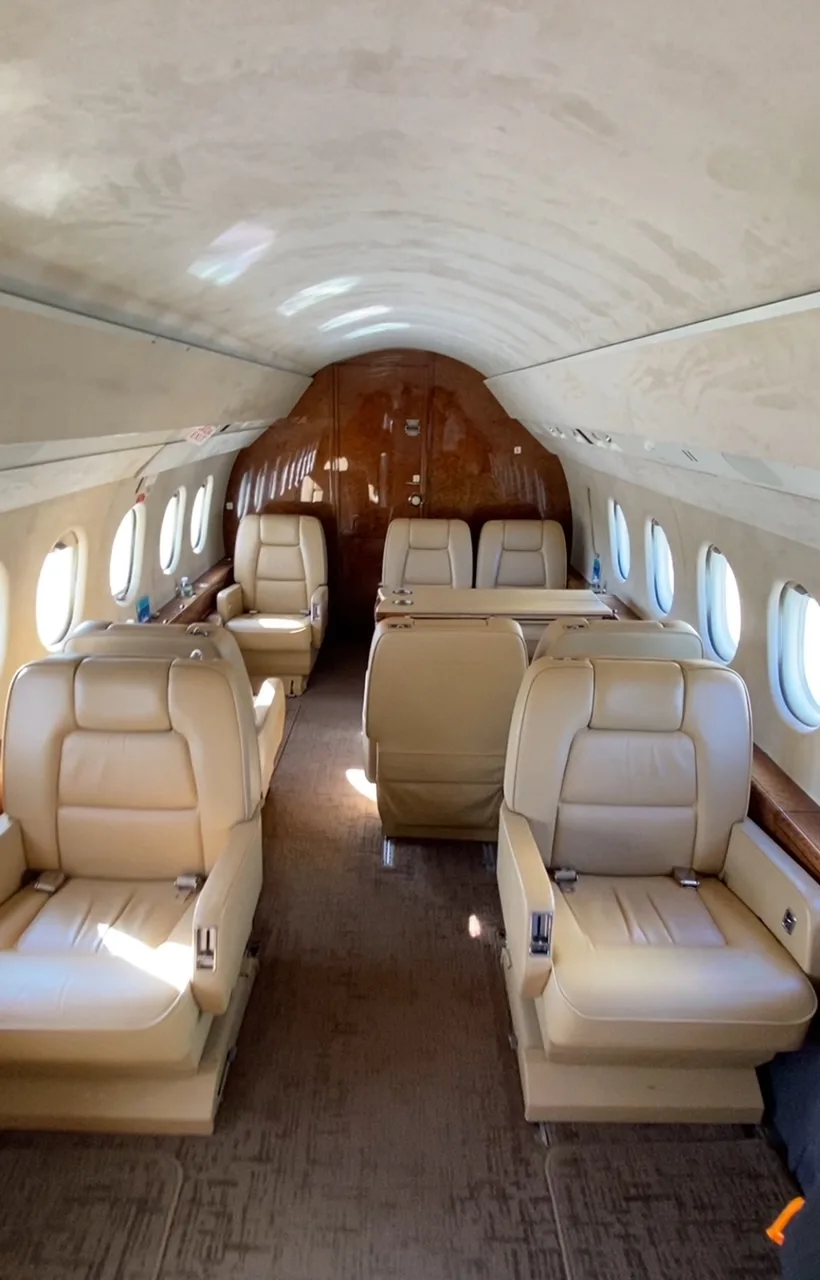 View of the aircraft's cabin with leather seats.