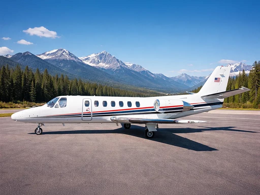 A white business jet with red and blue stripes on the fuselage, parked on an airfield with snow-capped mountains and pine trees in the background.