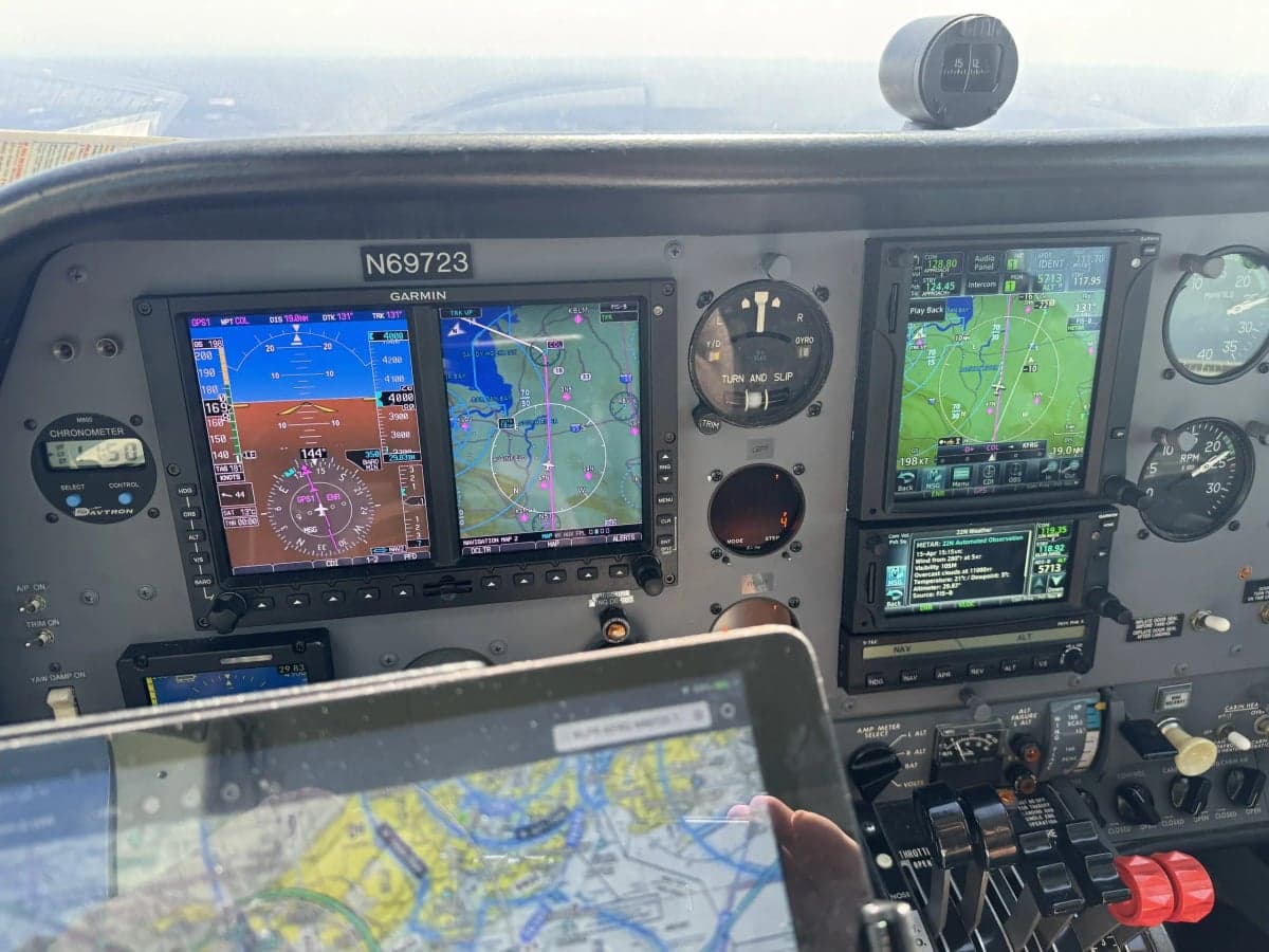 View of the cockpit with Garmin avionics and tail number N69723.