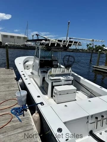 View of the boat's console and seating area.