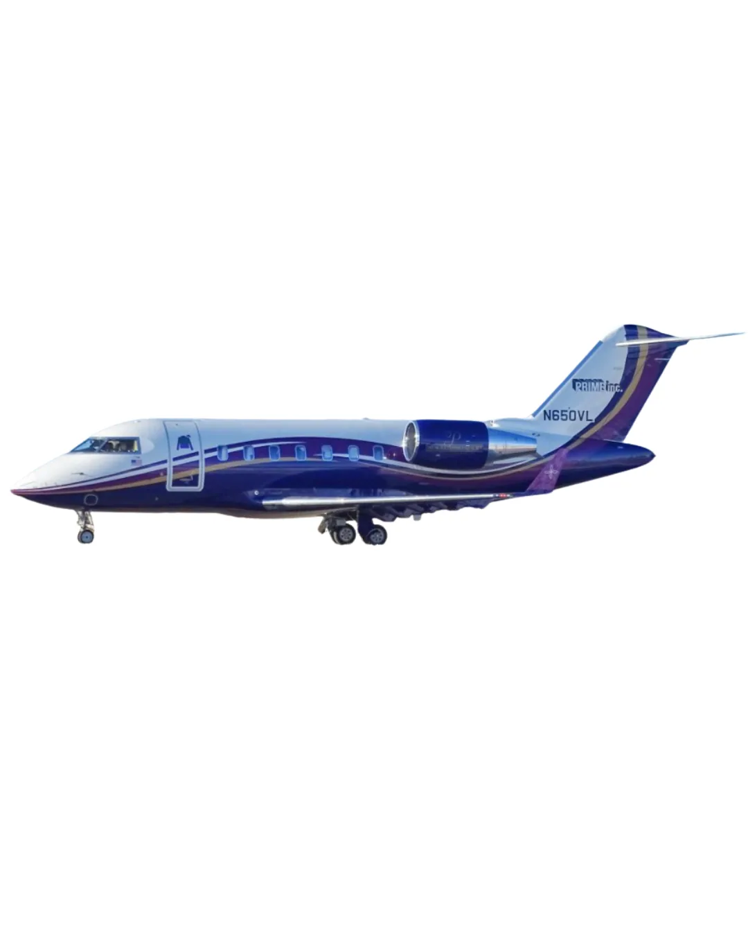 Side view of a Challenger 650 with a purple and gold paint scheme.