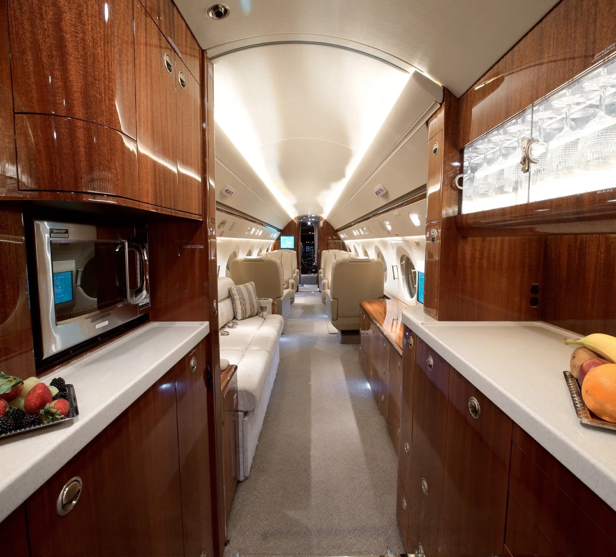 The private jet's galley features rich wood cabinetry, a microwave, and countertops with fresh fruit, looking towards the main cabin.
