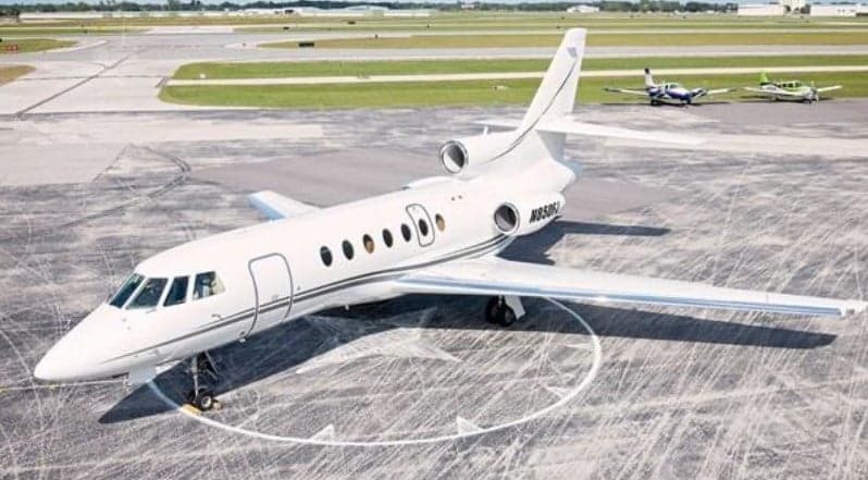 Falcon 2000EX EASy on the tarmac, aerial view.
