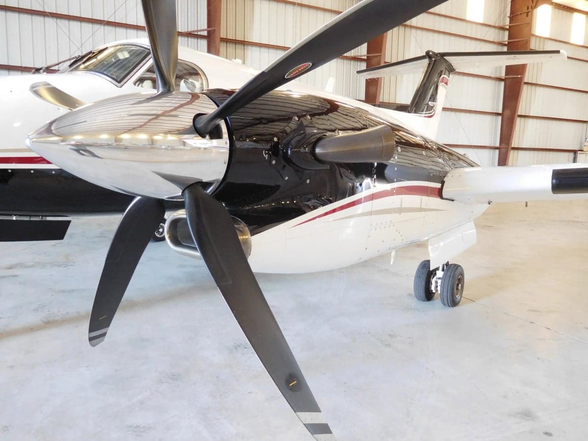Close up of the propeller and nose of N494MA King Air.