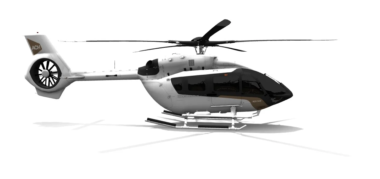 A white and brown Airbus H145 helicopter rendered on a white background.