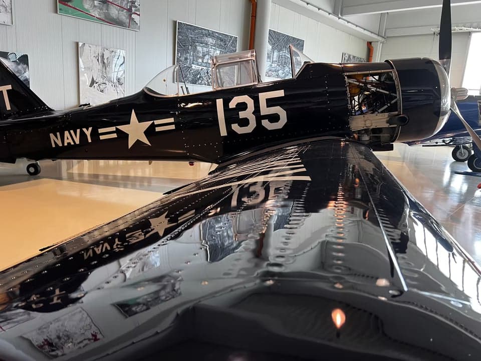 Close up of the tail of a navy blue North American T-6 Texan.