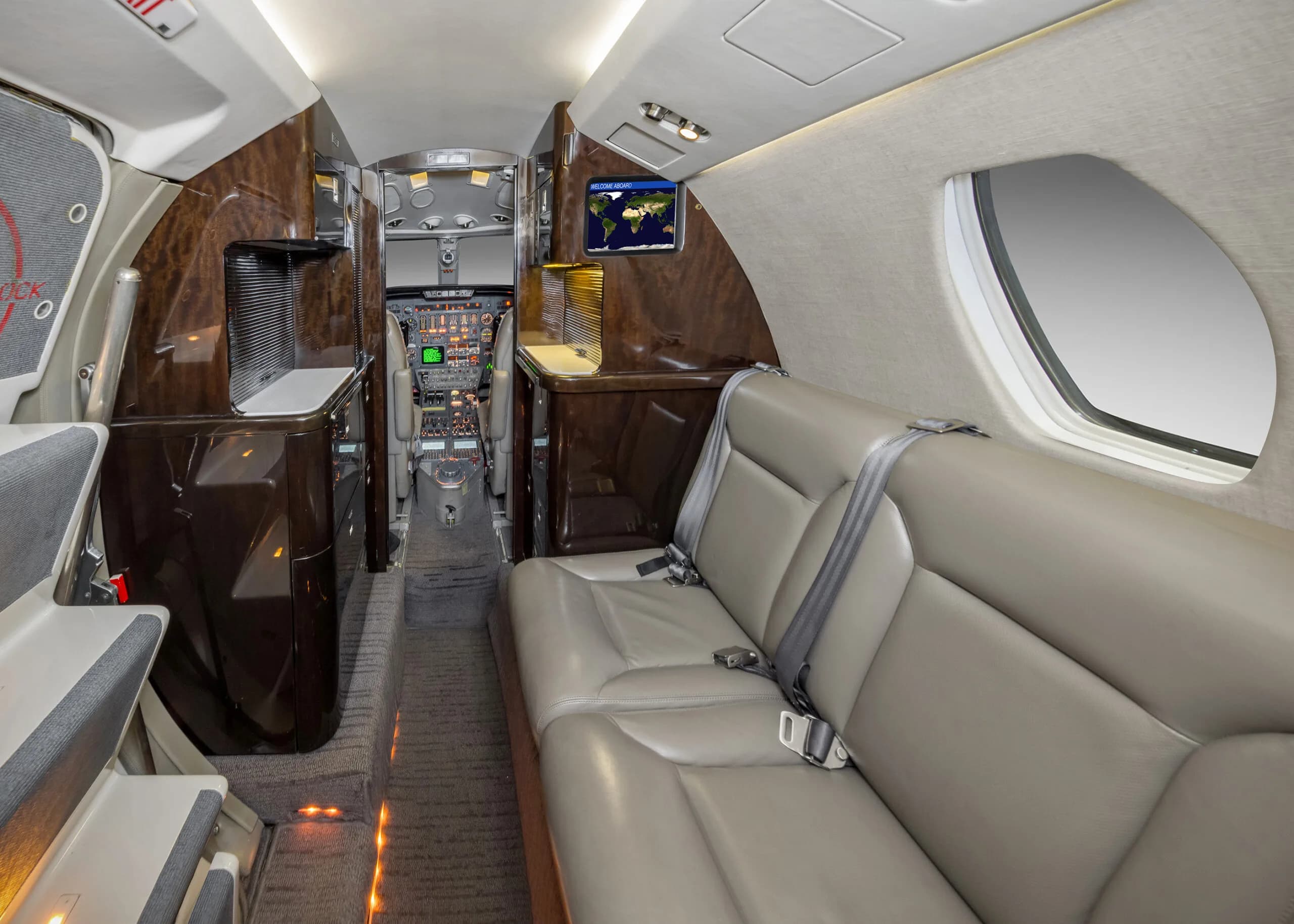 View of the cabin interior showing seats and cockpit.