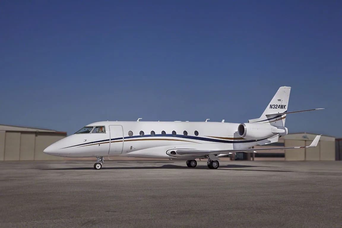 A white business jet with blue and gold stripes and tail number N324WK parked on a tarmac under a clear blue sky.