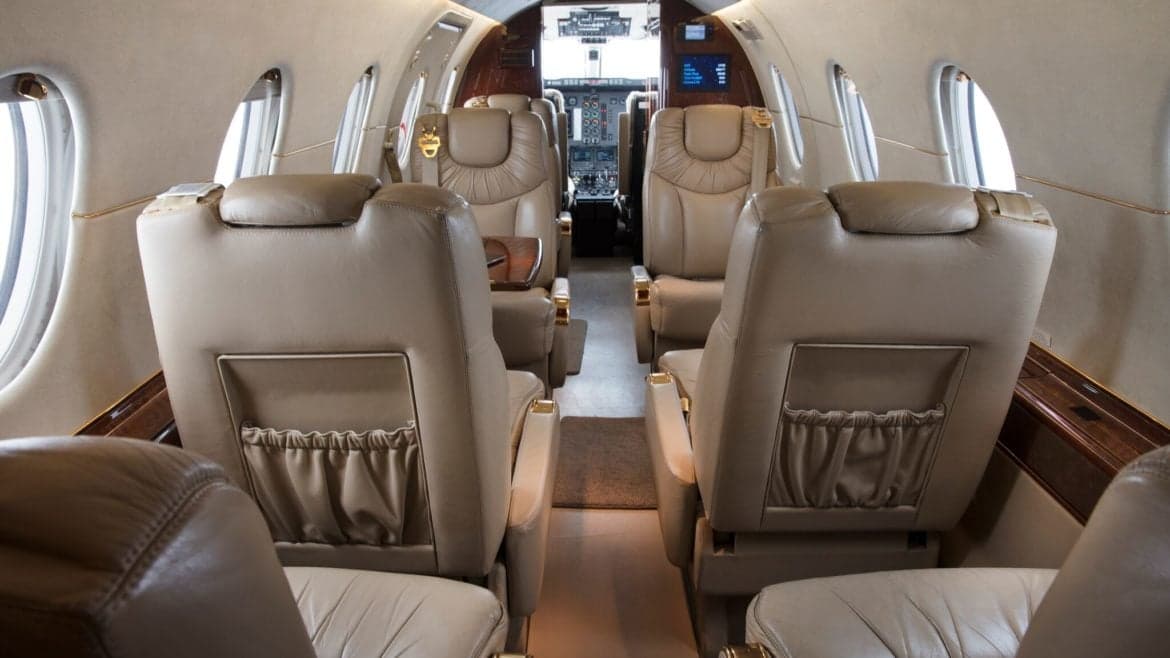 View of the aircraft's interior, showing the seating arrangement.