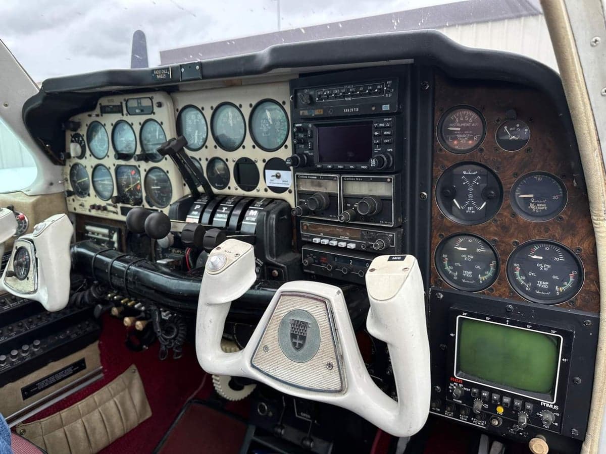 A view of the aircraft's instrument panel and control yoke.