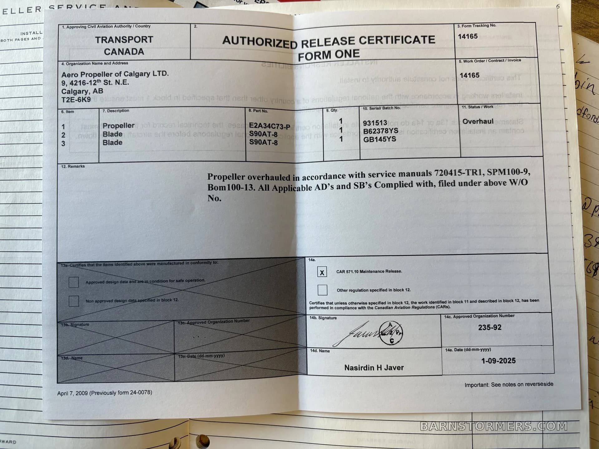 A Transport Canada Authorized Release Certificate Form One for propeller overhaul.