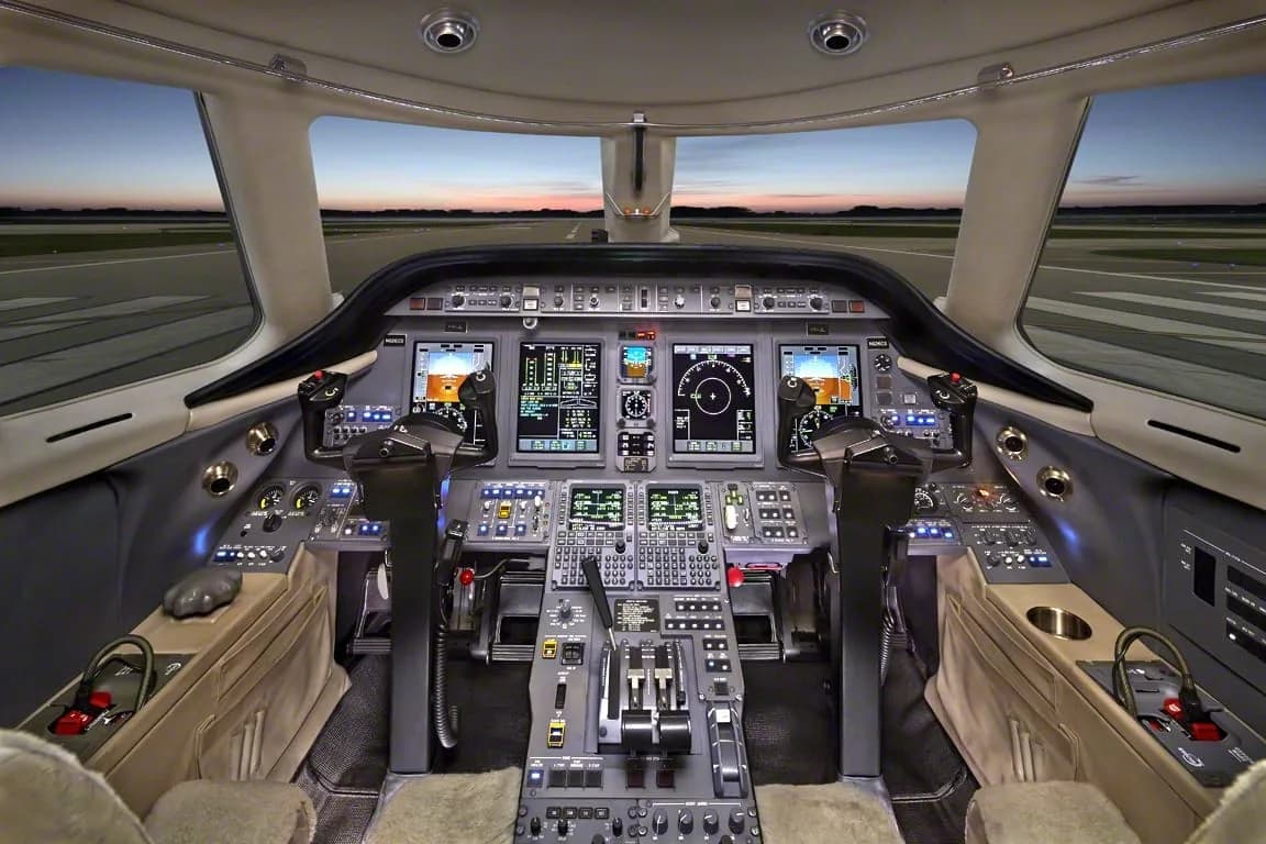 The modern cockpit of a private jet with multiple digital displays and controls, looking out onto a runway at sunset.