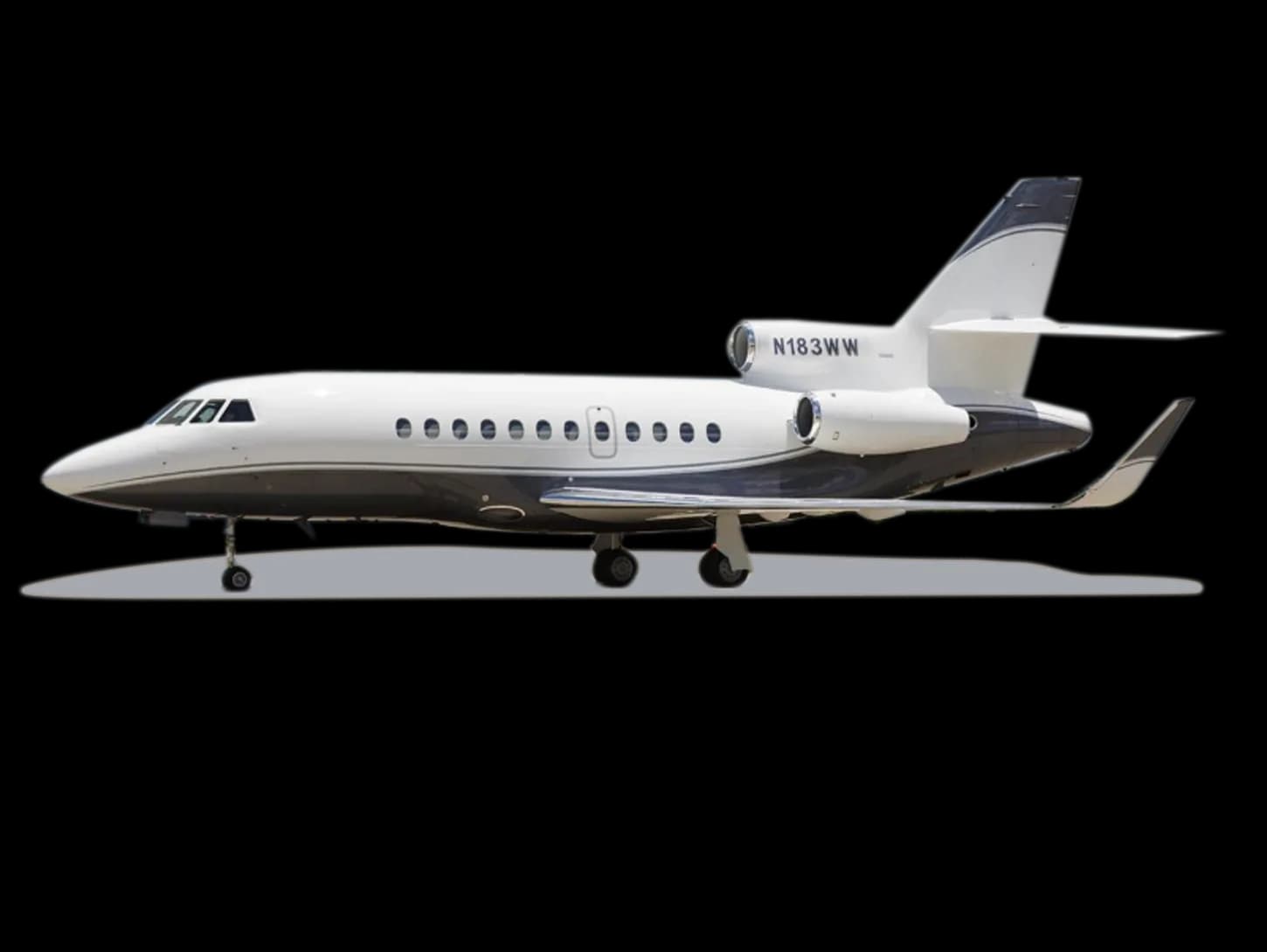 A white and gray aircraft with registration N183WW is shown against a black background.