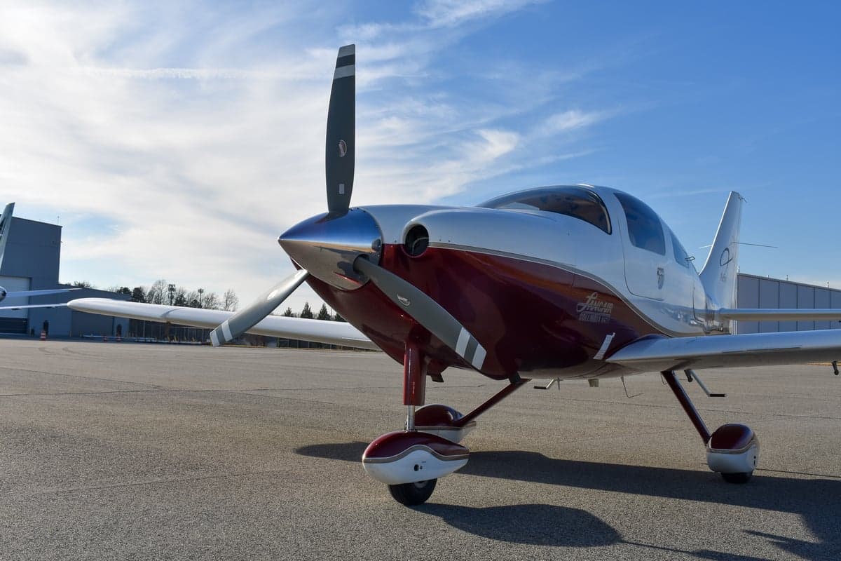 Front view of the Lancair Columbia 350 aircraft on the ground.