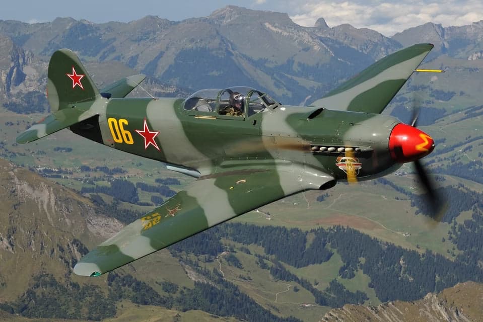 Yak-3 in flight against a blue sky.