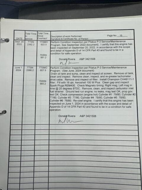 A maintenance log entry for a Pilatus P-3 aircraft.