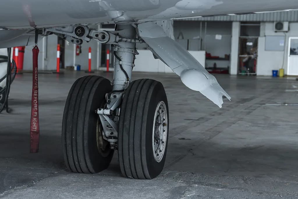 A close-up view of the main landing gear of a business jet, showing the wheels and struts.