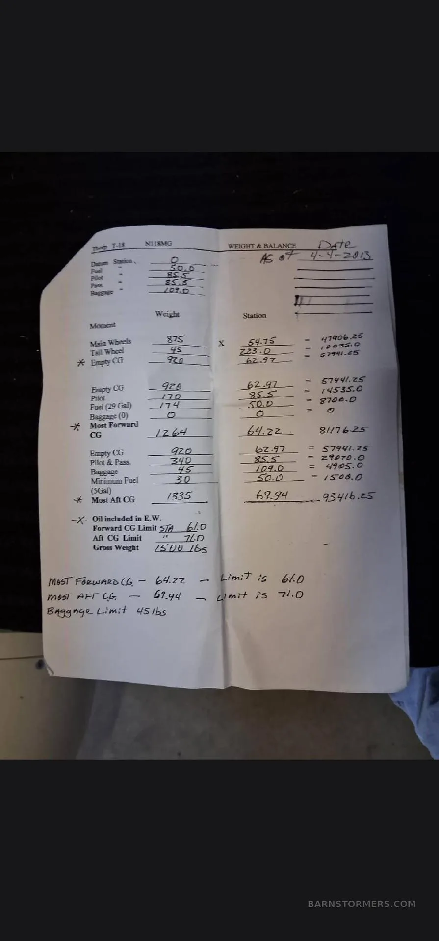A handwritten weight and balance chart for an aircraft, showing calculations for various loads and limits.