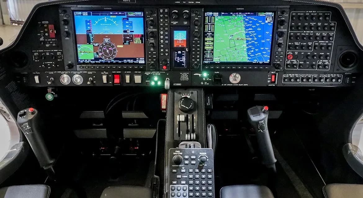 Detailed view of the Diamond DA62 instrument panel with Garmin avionics.