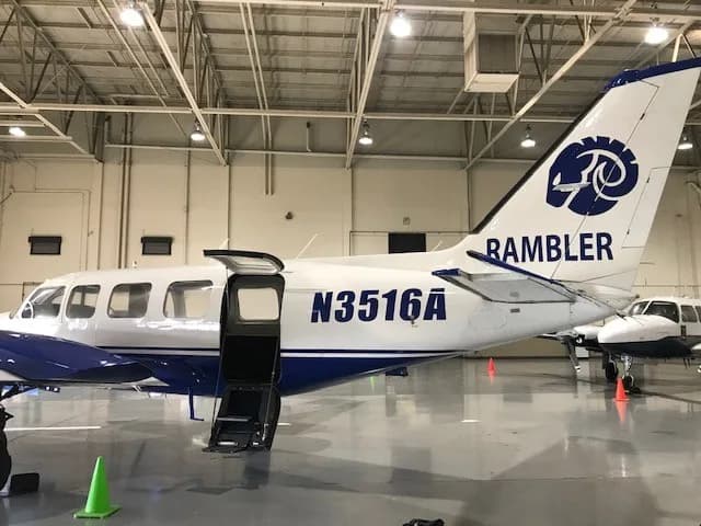 Rambler aircraft with tail number N3516A in a hangar.