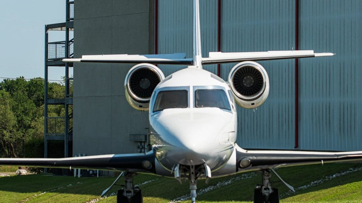 Front view of the Astra SPX aircraft N20YL showing the nose and engines.