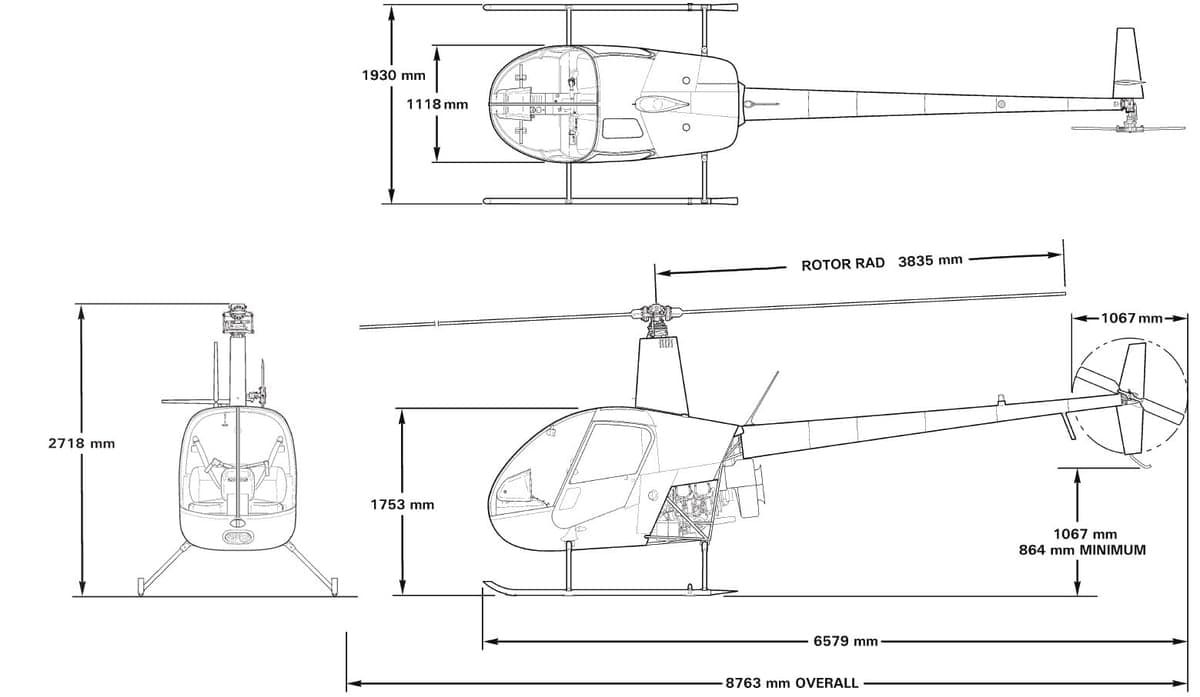 A schematic diagram showing the dimensions of a Robinson R22 helicopter.