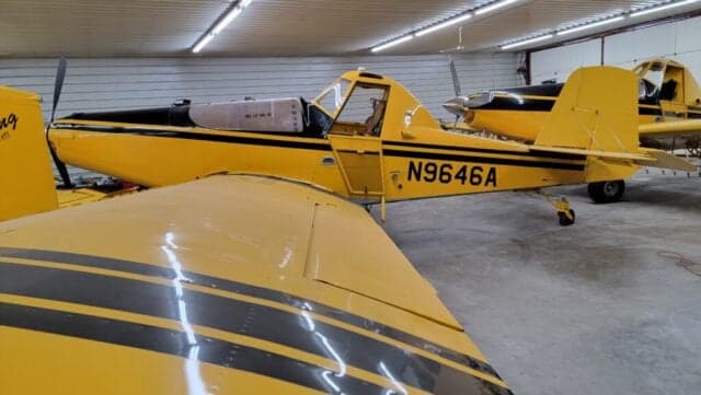 Front view of a yellow and black aircraft with a gray propeller.
