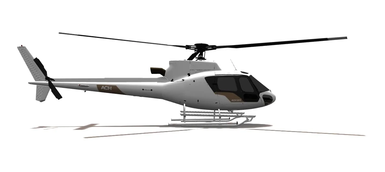 A computer-generated image of a white Airbus H125 helicopter with dark windows on a white background.