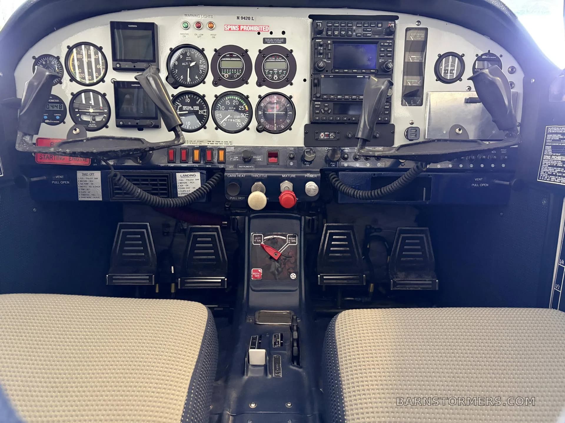 The cockpit of a Grumman American AA-5 Traveler aircraft, showing the instrument panel, controls, and front seats.