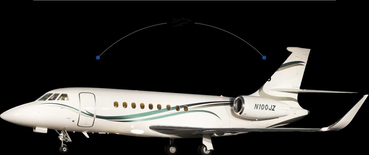 A diagram showing a white Dassault Falcon 2000LXS business jet with measurement lines and text overlays.