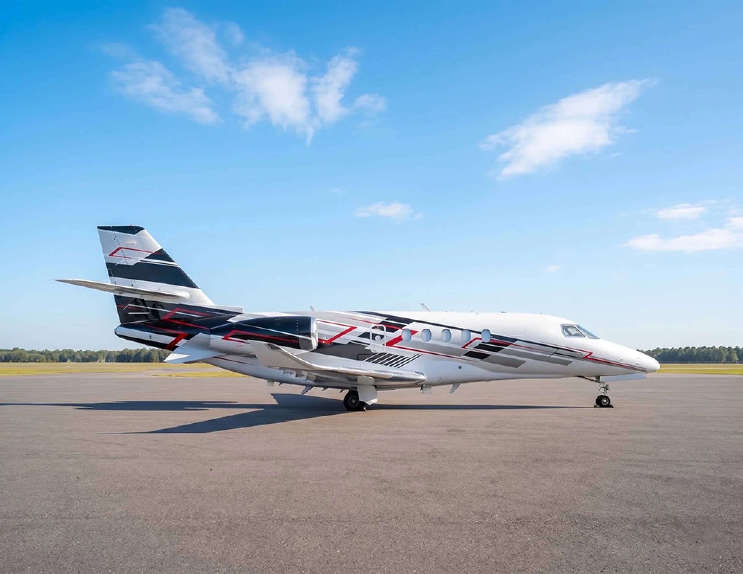 A three-quarter side view of a white private jet with black and red geometric livery parked on an asphalt runway.