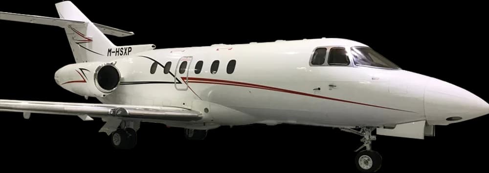 Side view of a white aircraft with red stripes on a black background.