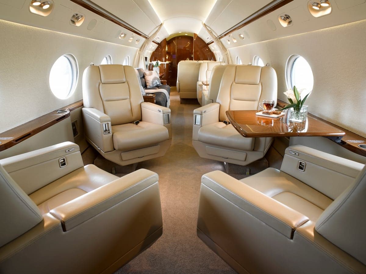 View of the aircraft's cabin with leather seats and a table with flowers and refreshments.