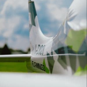 Close up of the tail of a white and green aircraft with the word 'FLAMINGO' on it.