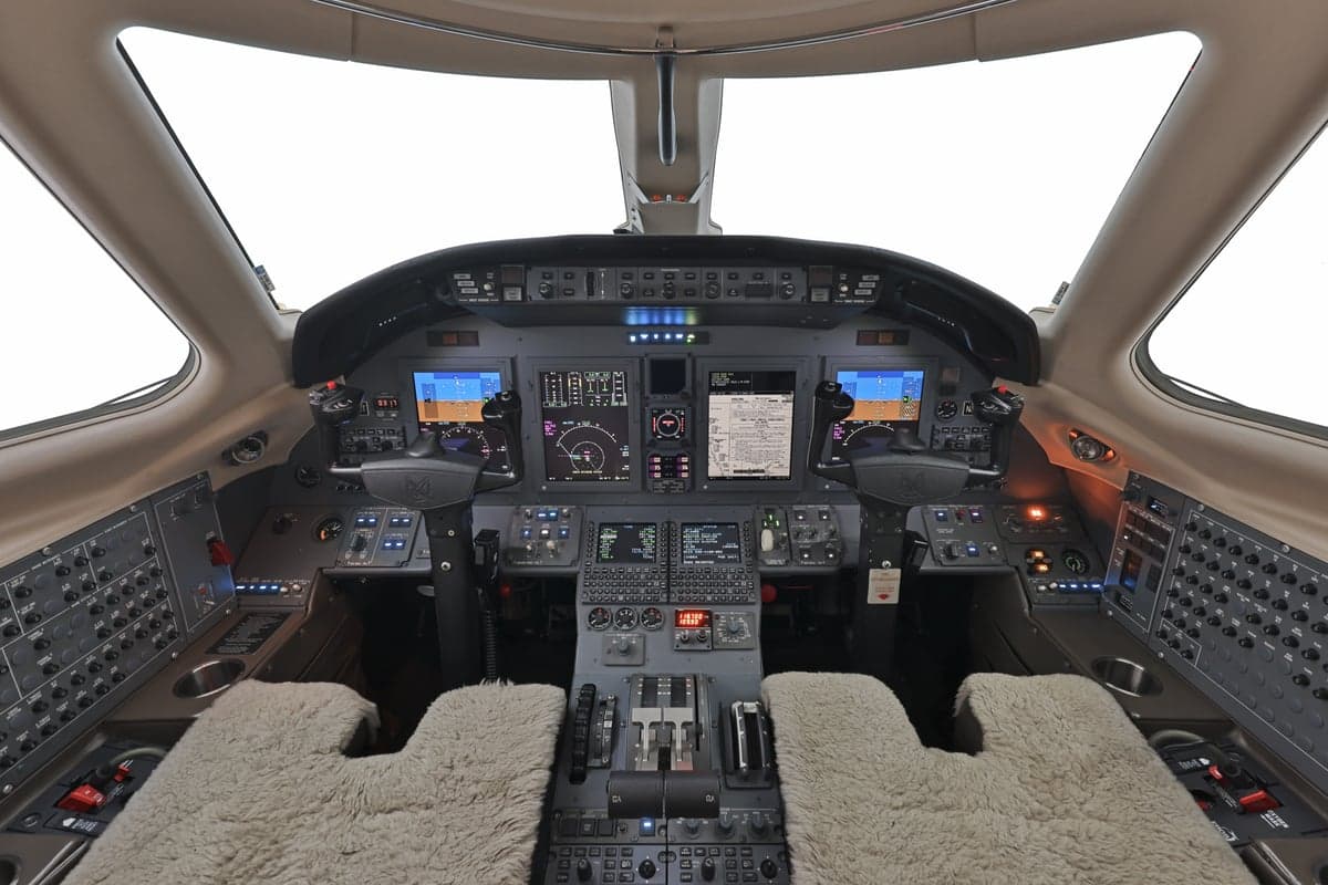 The cockpit of a Citation CJ3 features a full instrument panel.