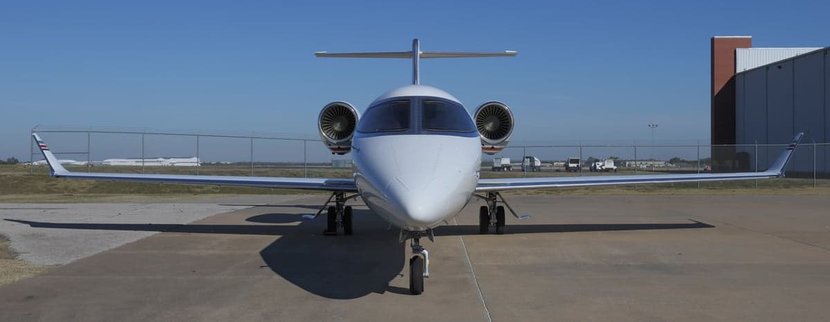 Front view of the Learjet 45XR aircraft on the ramp.
