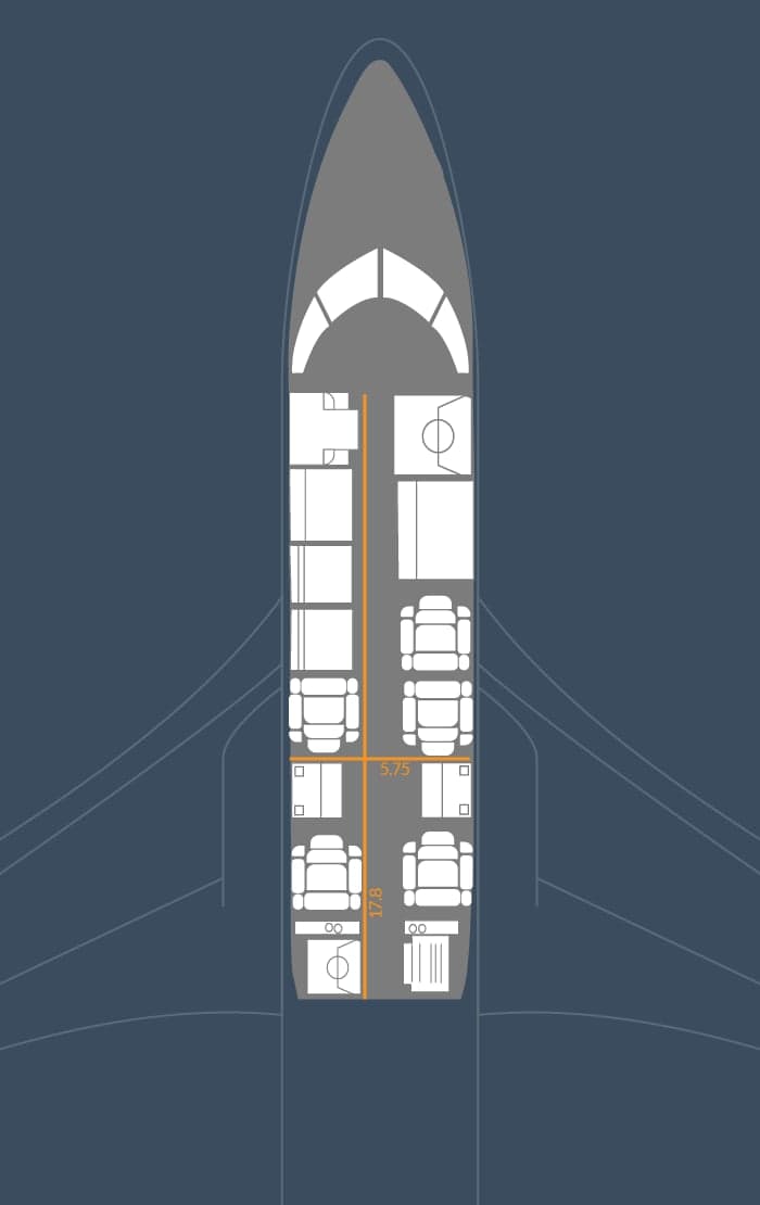 Overhead diagram of the aircraft's interior layout, showing seating and dimensions.
