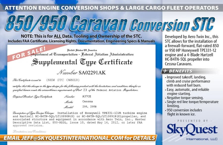 A SkyQuest advertisement for a Cessna Caravan conversion STC.