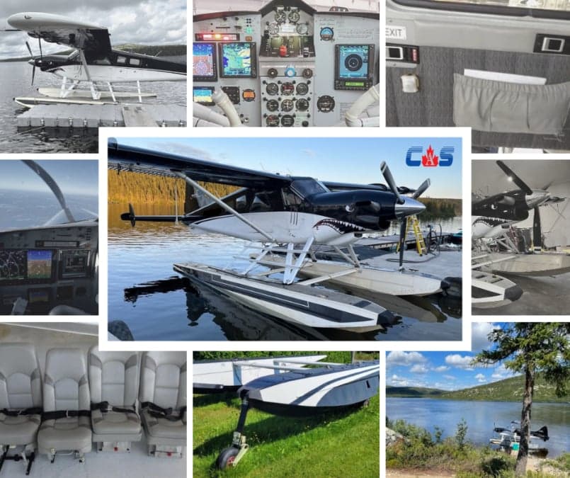 Collage of images showing the seaplane, cockpit, interior, and floats.