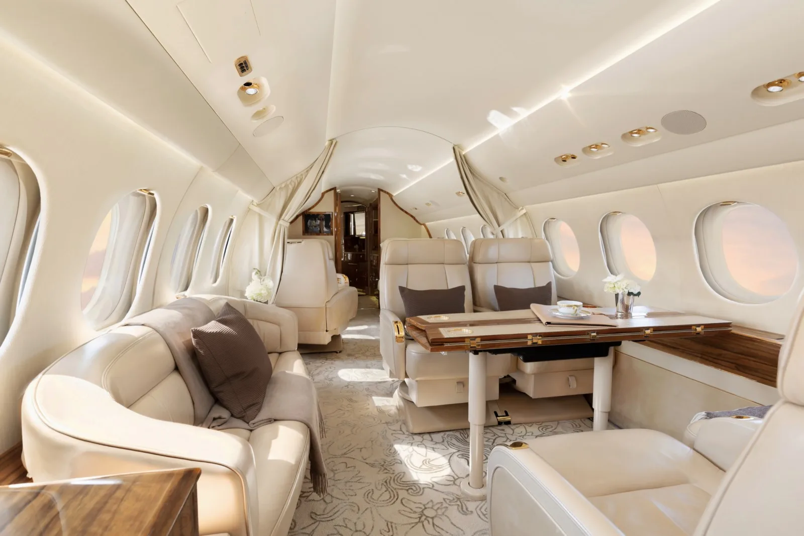 Interior of the aircraft with leather seats, a sofa, and a wooden table.