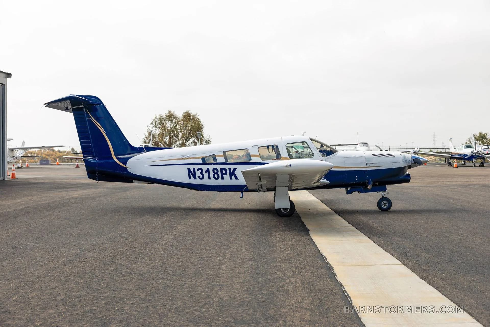 A side view of a white and blue single-engine propeller aircraft with tail number N318PK, parked on an asphalt tarmac.