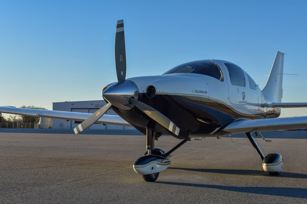 Head-on view of the Columbia 350 aircraft N644ST on the ground.