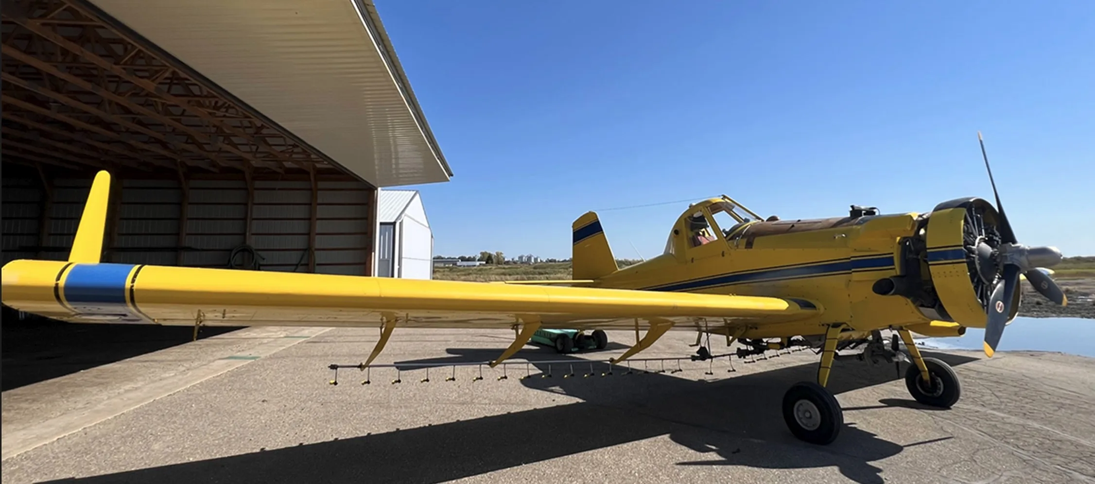 A yellow agricultural aircraft with blue stripes is parked on an airfield next to a hangar under a clear blue sky.