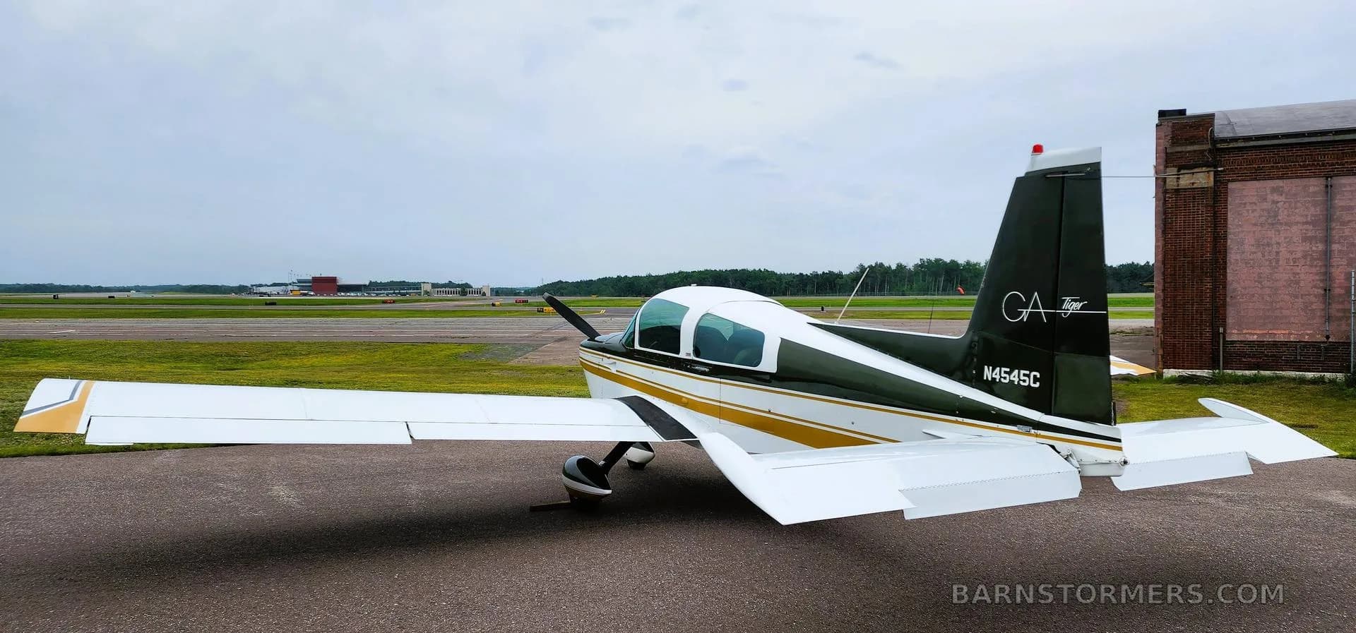 A rear-side view of a white and dark green Grumman Tiger aircraft with gold stripes, parked on an asphalt ramp with a brick building in the background.