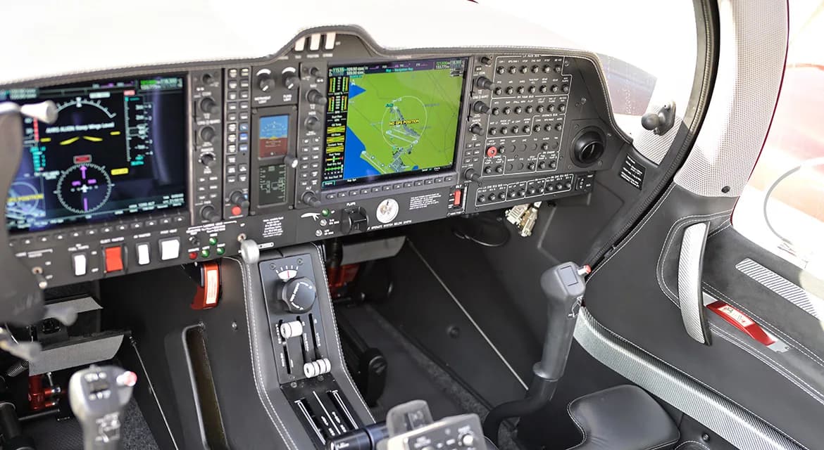 The cockpit of the Diamond DA62 features a modern glass panel display.