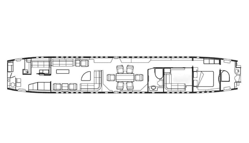 A top-down diagram showing the floor plan of a luxury private jet interior with multiple cabin zones.