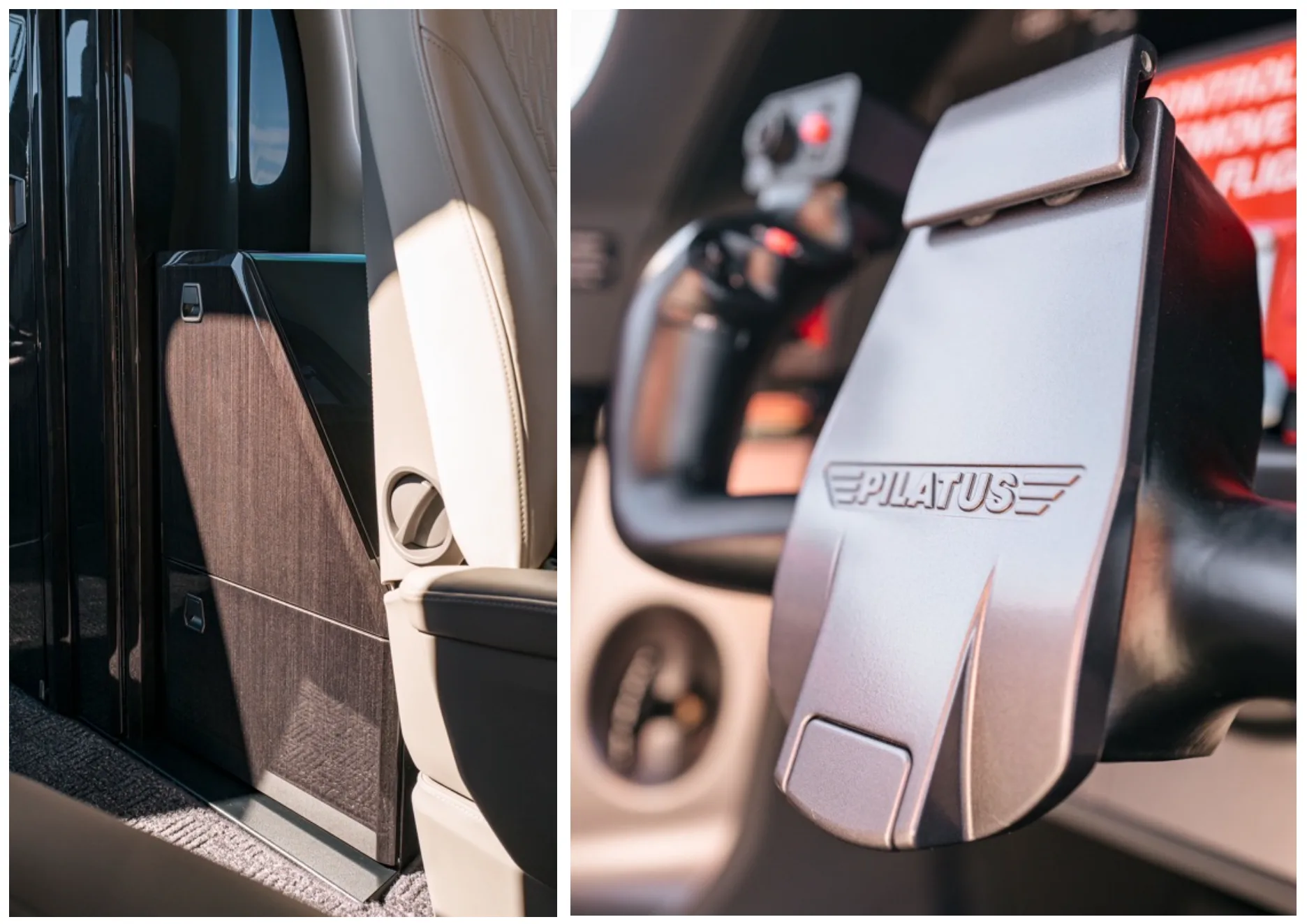 A split image showing interior cabinetry on the left and a close-up of a Pilatus aircraft yoke on the right.