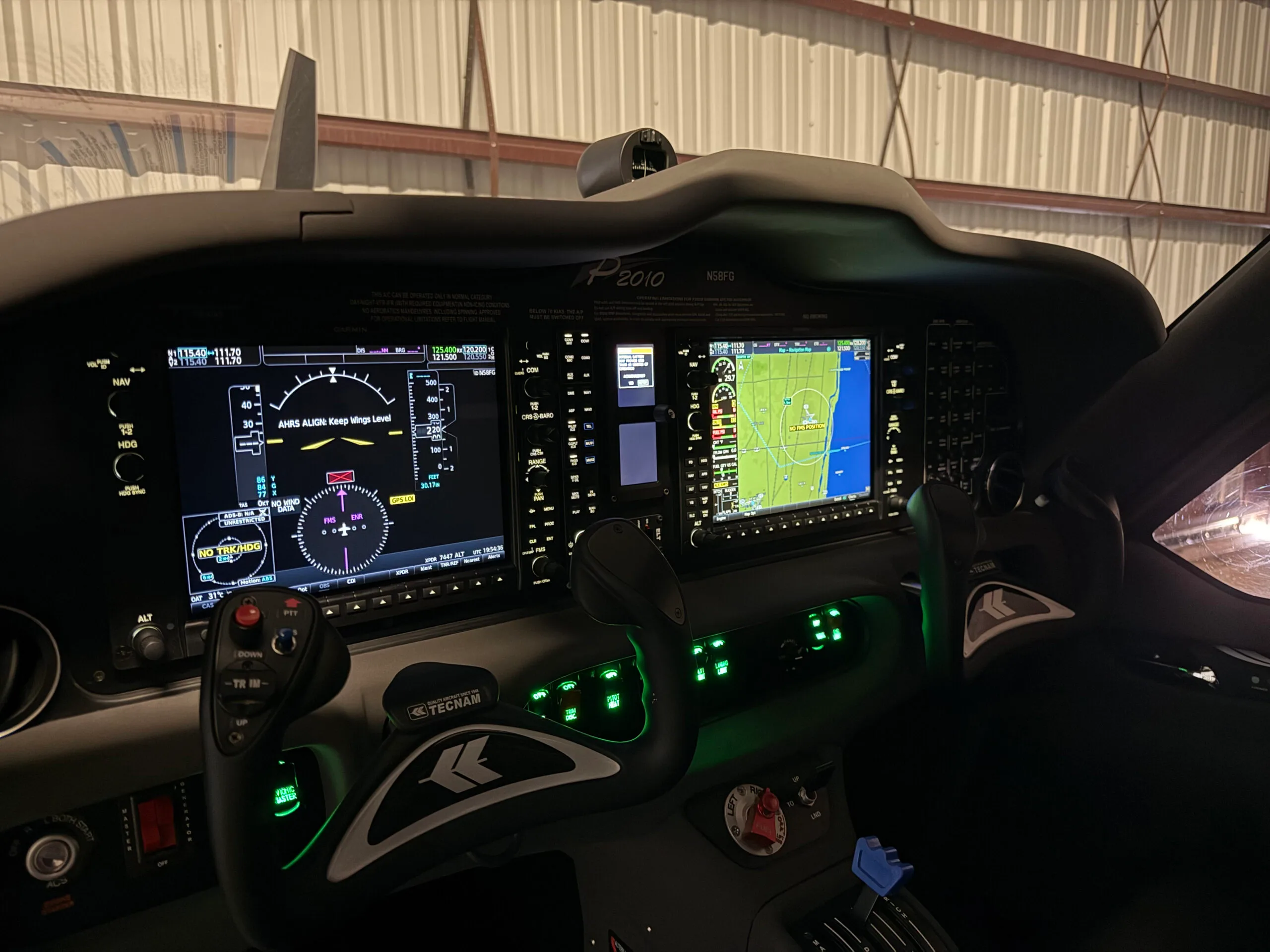 Close-up of the aircraft's cockpit instrument panel and controls.